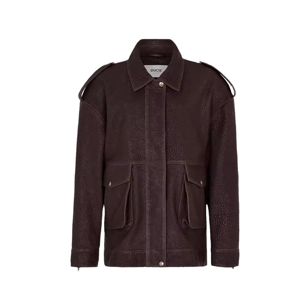 Damen Oversized Lederjacke im robusten Design mit praktischen Taschen Drune