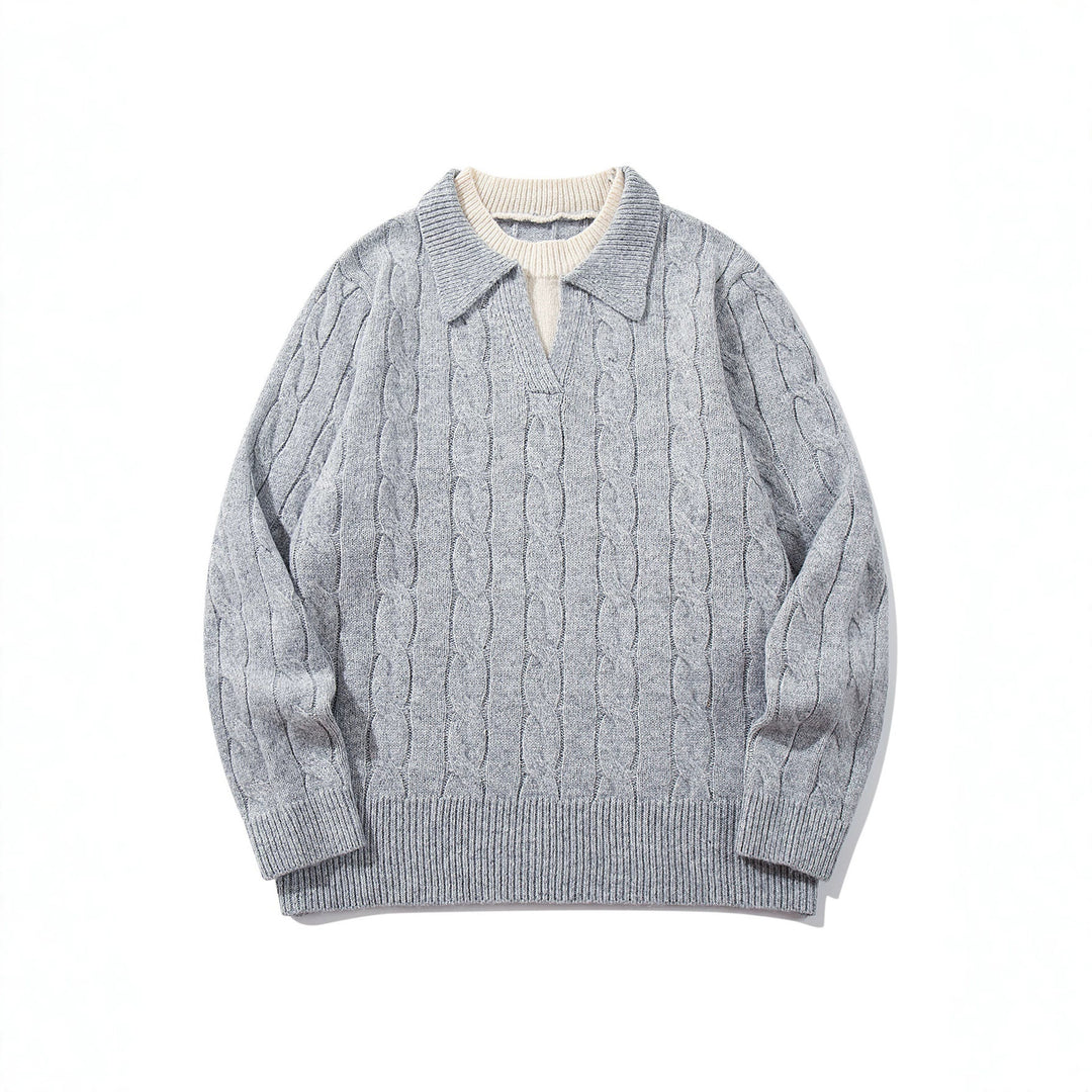 Unisex Strukturiertes Zopfstrick-Pullover mit Polokragen und tiefem V‑Ausschnitt Drune
