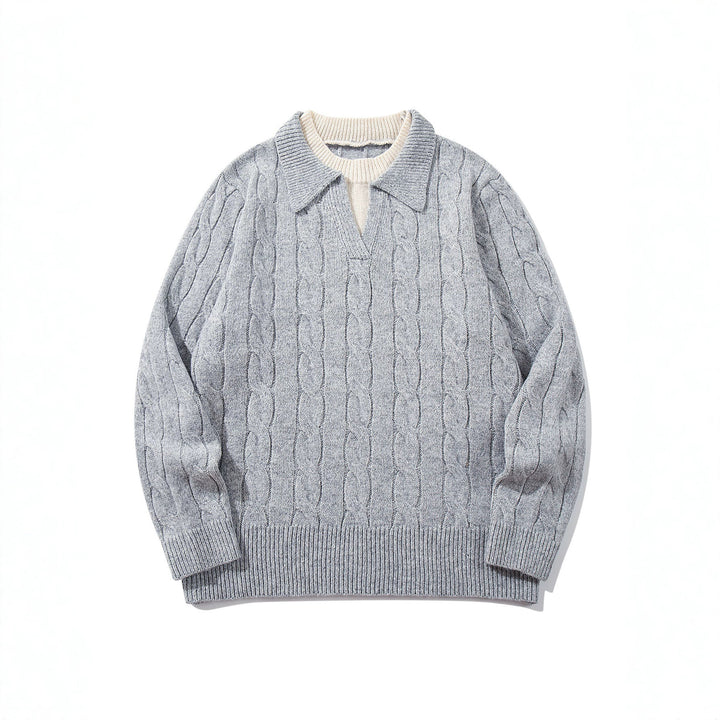 Unisex Strukturiertes Zopfstrick-Pullover mit Polokragen und tiefem V‑Ausschnitt Drune