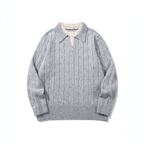 Unisex Strukturiertes Zopfstrick-Pullover mit Polokragen und tiefem V‑Ausschnitt Drune