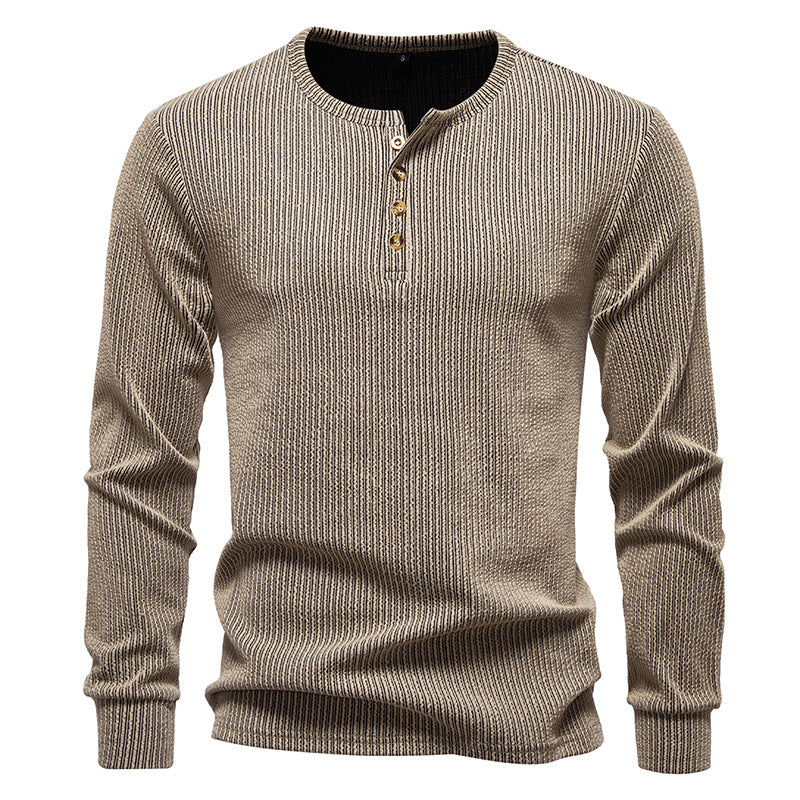 Herren Slim-Fit Gerippter Henley-Langarmpullover mit Rundhalsausschnitt und Knopfleiste Drune