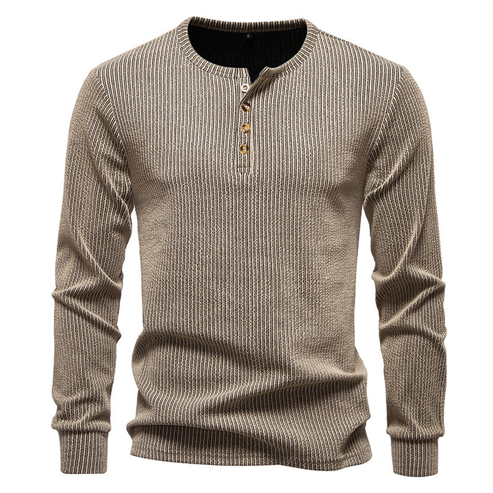 Herren Slim-Fit Gerippter Henley-Langarmpullover mit Rundhalsausschnitt und Knopfleiste Drune