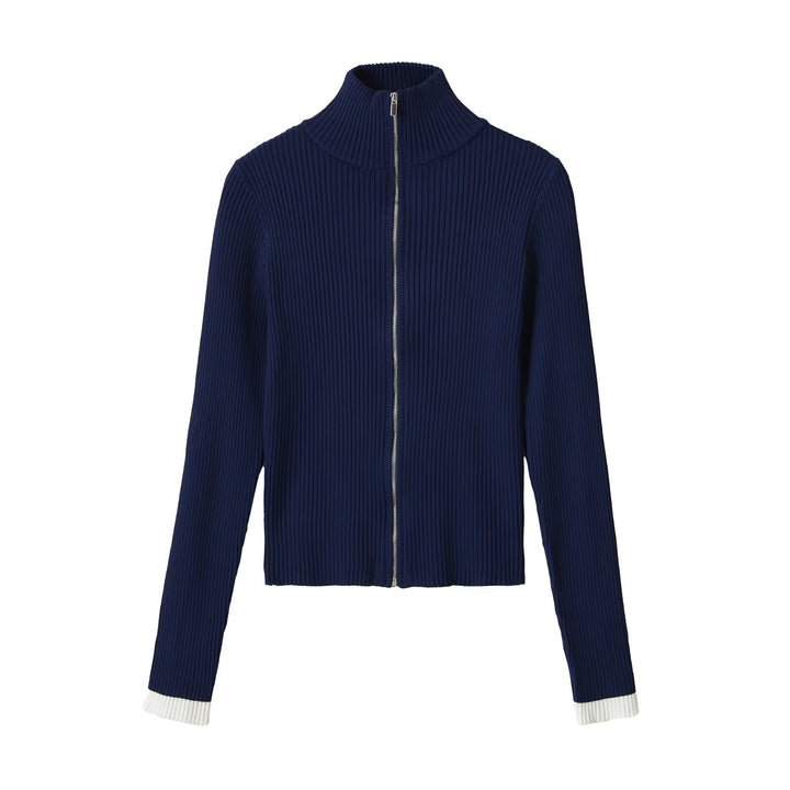 Damen Gerippte Reißverschluss-Strickjacke mit Stehkragen und Kontrastbündchen Drune