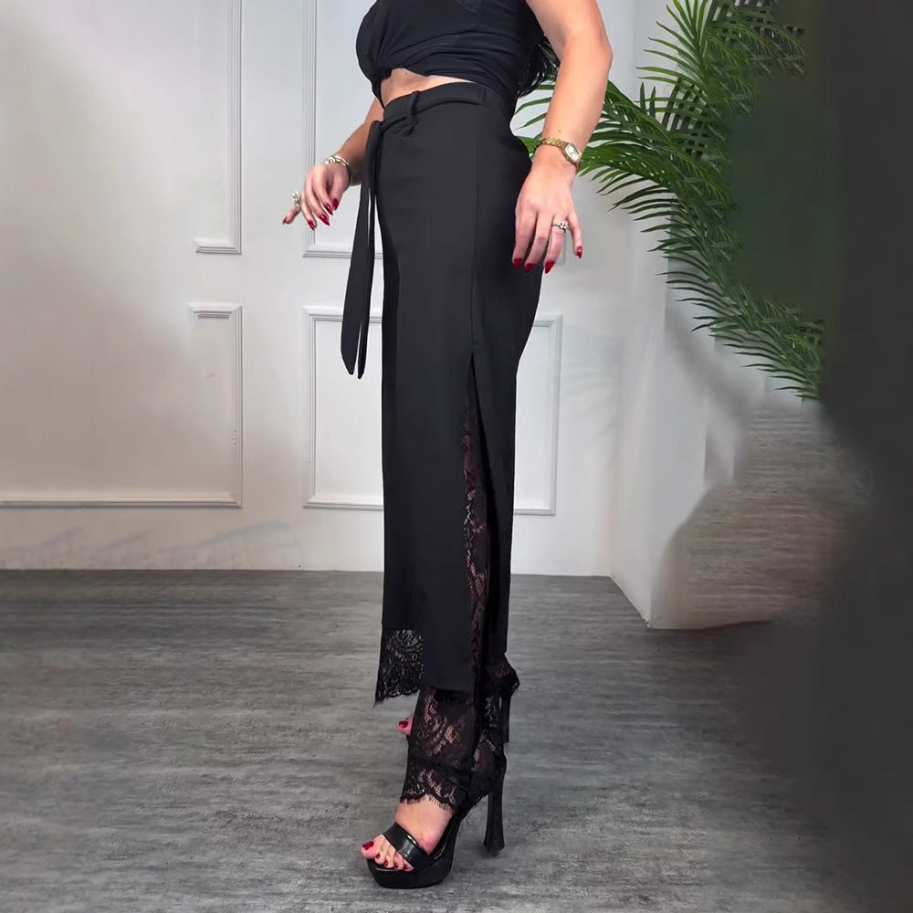 Damen nan taillierte hochgeschnittene Hose mit seitlichem Schlitz, transparenter Spitzen-Unterlage und Bindegürtel Drune