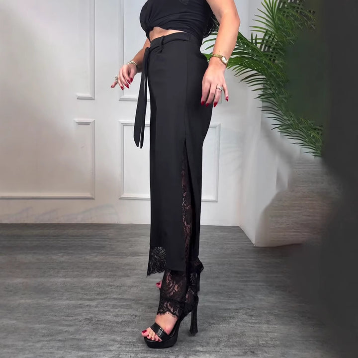 Damen nan taillierte hochgeschnittene Hose mit seitlichem Schlitz, transparenter Spitzen-Unterlage und Bindegürtel Drune