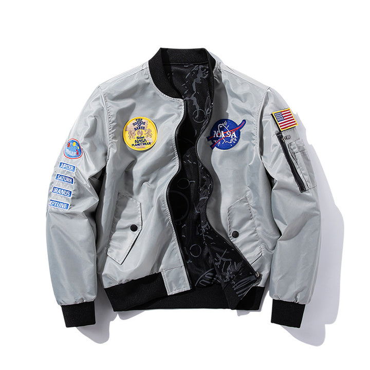 Herren  bestickte Raum-Patch glänzende Shell Bomberjacke mit bedrucktem Innenfutter und Ärmel-Reißverschluss-Nutztasche Drune