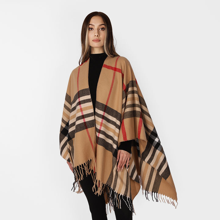 Damen Karierter Wollmix-Poncho mit Fransen und offenem Kimono-Schnitt Drune