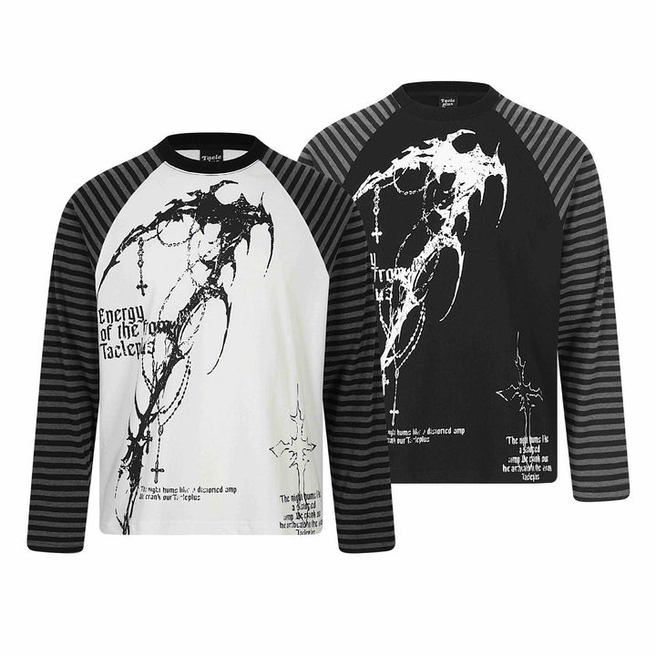 Unisex Langarmshirt im Raglanstil mit Gothic-Print und gestreiften Ärmeln Drune
