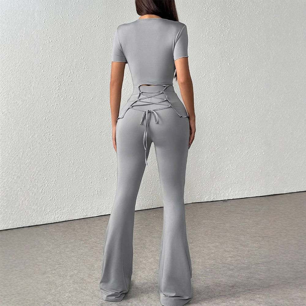 Damen elegantes Set aus figurbetontem Oberteil und ausgestellten Hosen Drune