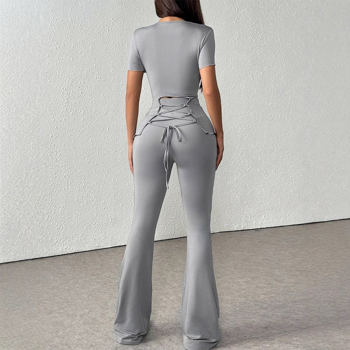 Damen elegantes Set aus figurbetontem Oberteil und ausgestellten Hosen Drune