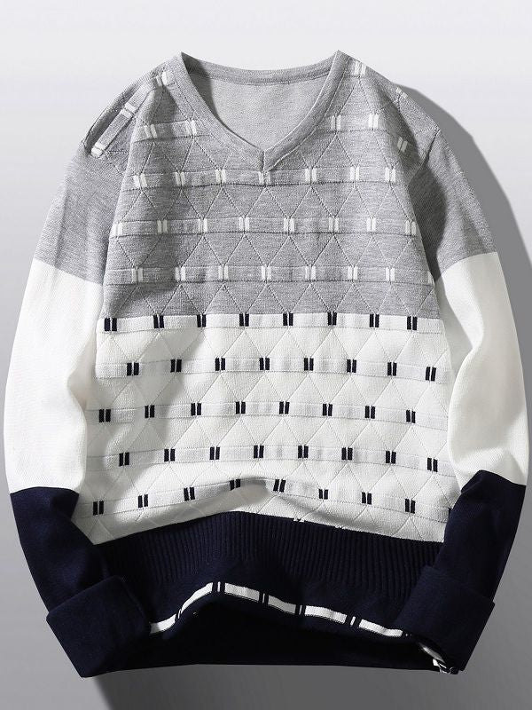 Damen modischer V-Ausschnitt Pullover mit grafischem Strukturmuster Drune