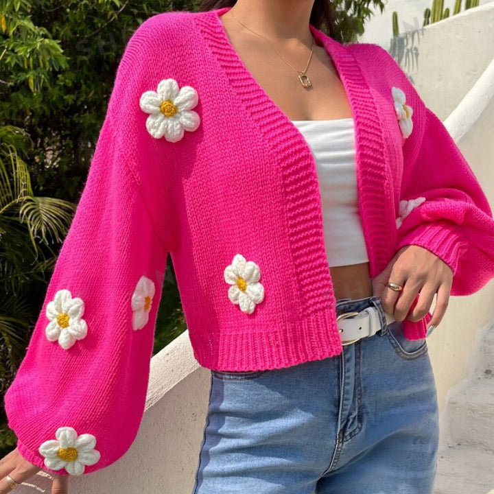 Damen Cropped-Cardigan aus Baumwollmix mit 3D-Blütenapplikationen Drune