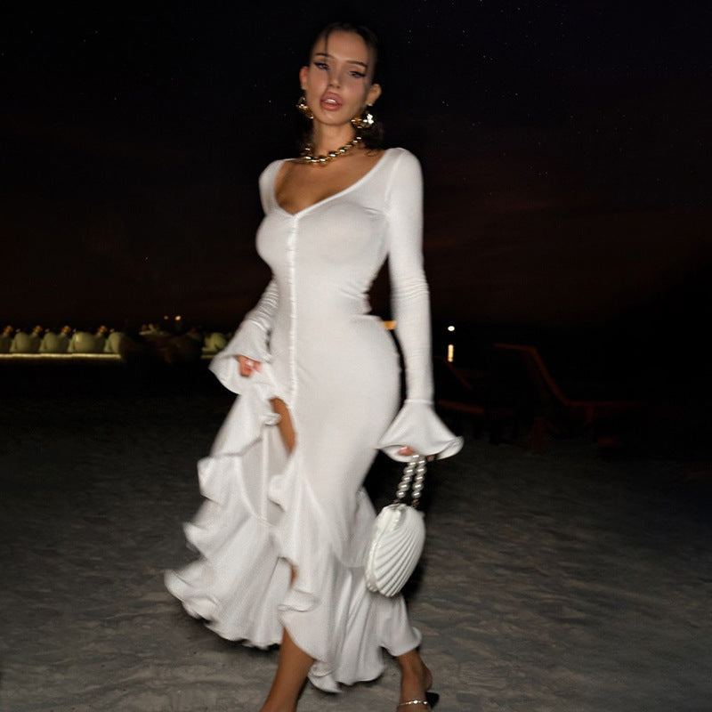 Damen Elegantes Maxikleid mit Rüschen und Knopfleiste Drune