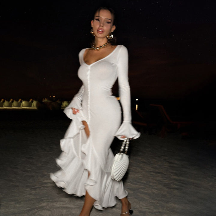 Damen Elegantes Maxikleid mit Rüschen und Knopfleiste Drune