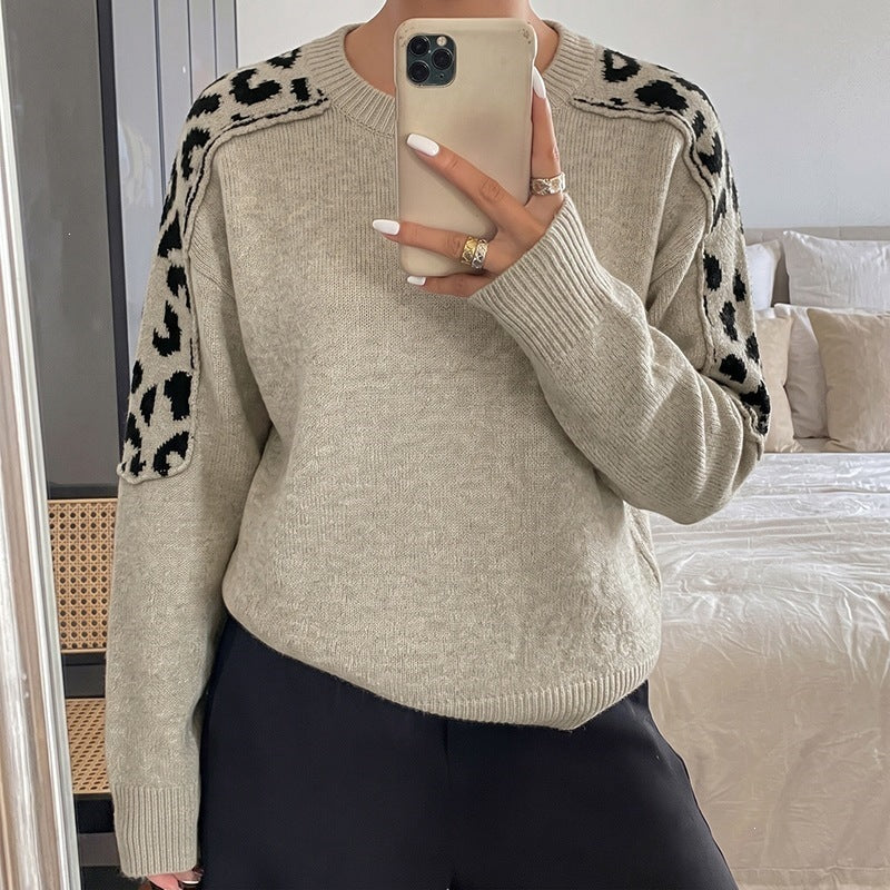 Damen Oversize Strickpullover mit Leo-Jacquard-Schultereinsätzen Drune