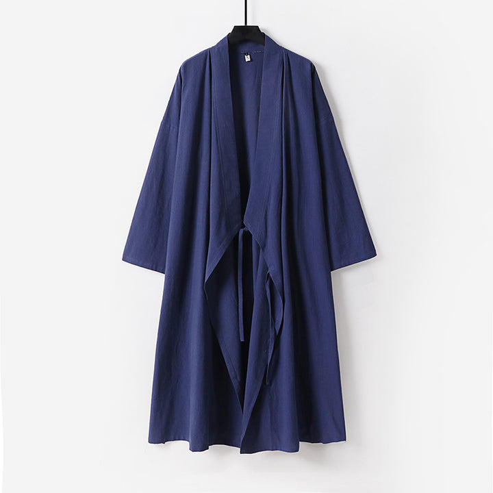 Unisex Langer Kimono-Mantel aus leichtem Baumwollmix mit drapierter Front und Bindeschlaufe Drune