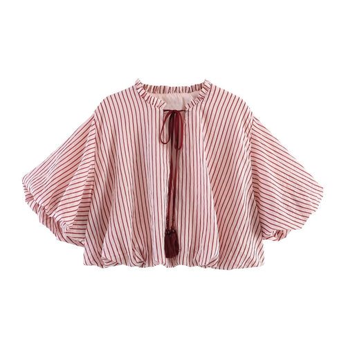 Damen Gestreifte Oversize-Bluse mit Quastenband und Volumenärmeln Drune