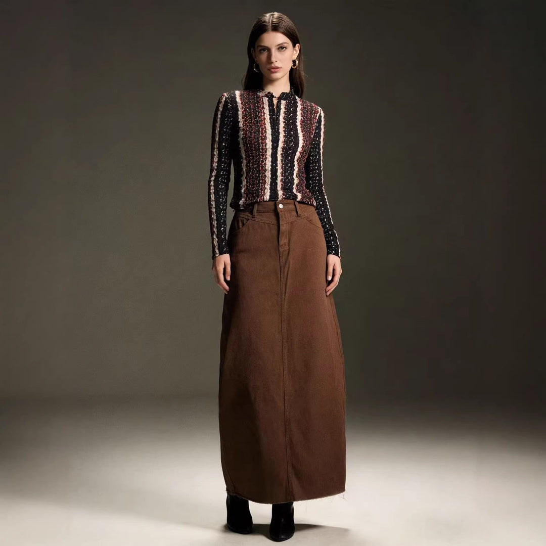 Damen Maxi-Denim-Rock mit hohem Bund und fransigem Saum