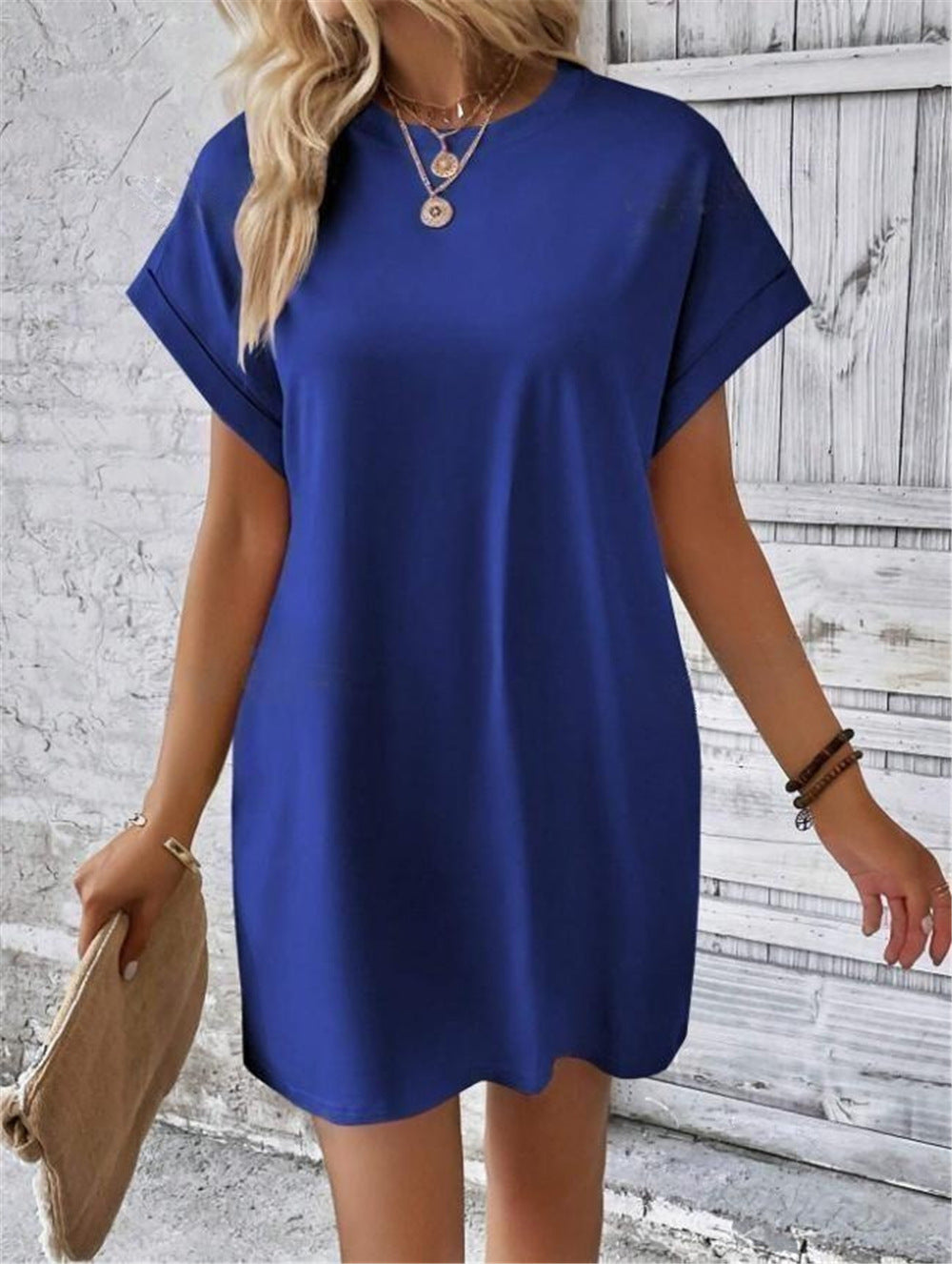 Damen lässiges T-Shirt-Kleid mit umschlagbaren Ärmeln und Taschen Drune
