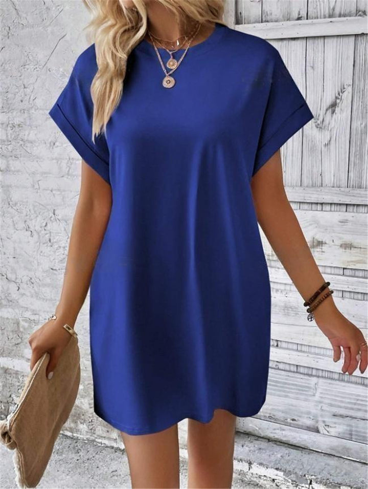 Damen lässiges T-Shirt-Kleid mit umschlagbaren Ärmeln und Taschen Drune