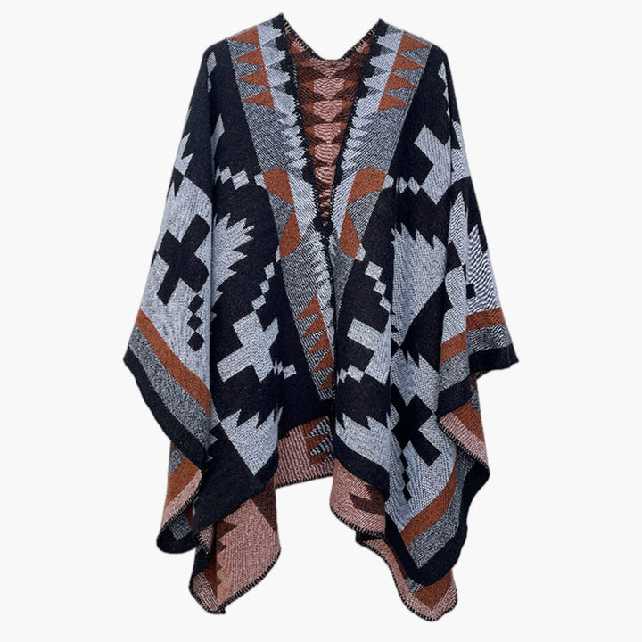 Damen Oversize-Strickcape mit Azteken‑Jacquard, V‑Ausschnitt und weichfallendem Saum Drune