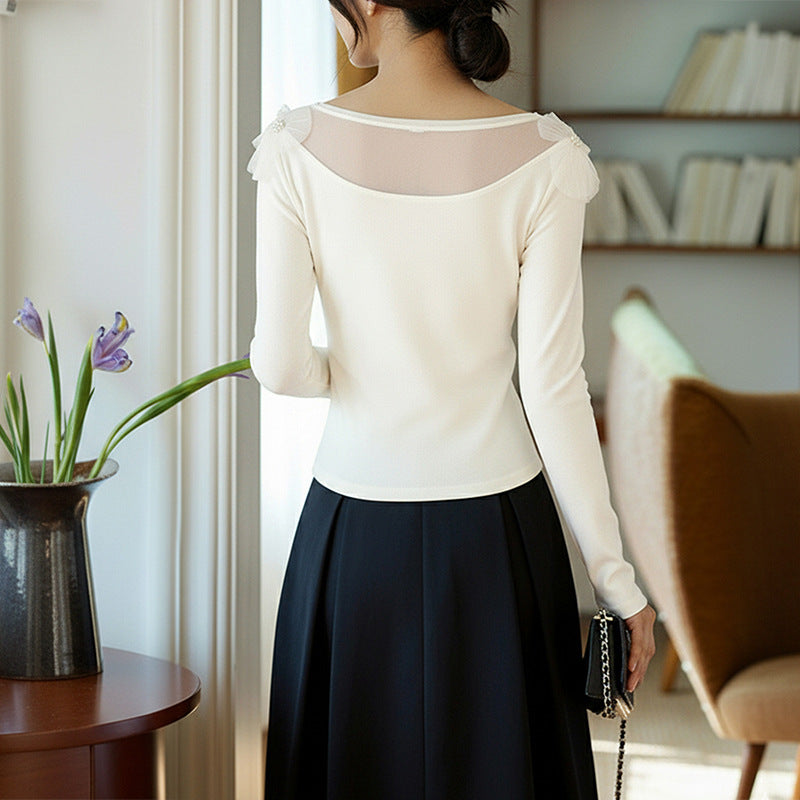 Damen Elegantes Langarm-Oberteil mit Blumenapplikationen Drune