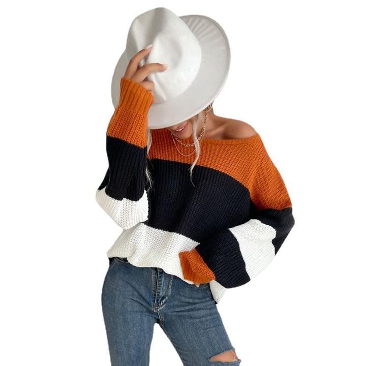 Damen Oversize Strickpullover mit schrägem Carmen-Ausschnitt und breiten Farbblöcken Drune