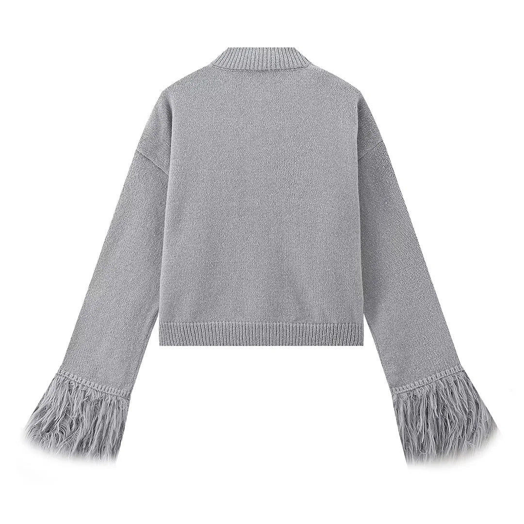 Damen eleganter Strickpullover mit Fransendetails Drune
