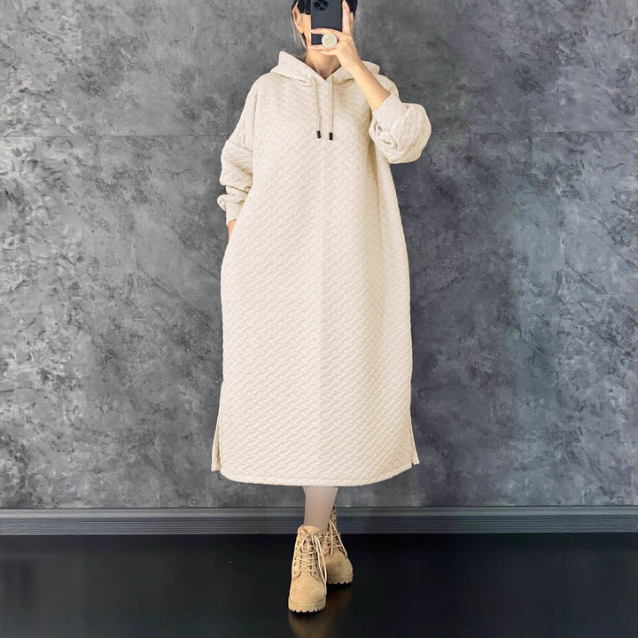 Damen lässiges Sweatshirt-Kleid mit Kapuze und seitlichen Schlitzen Drune