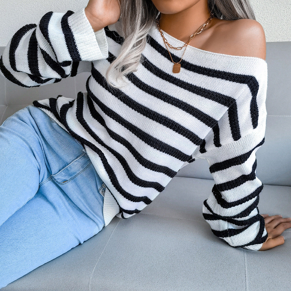 Damen Off-Shoulder Streifenpullover mit lässigem Schnitt Drune