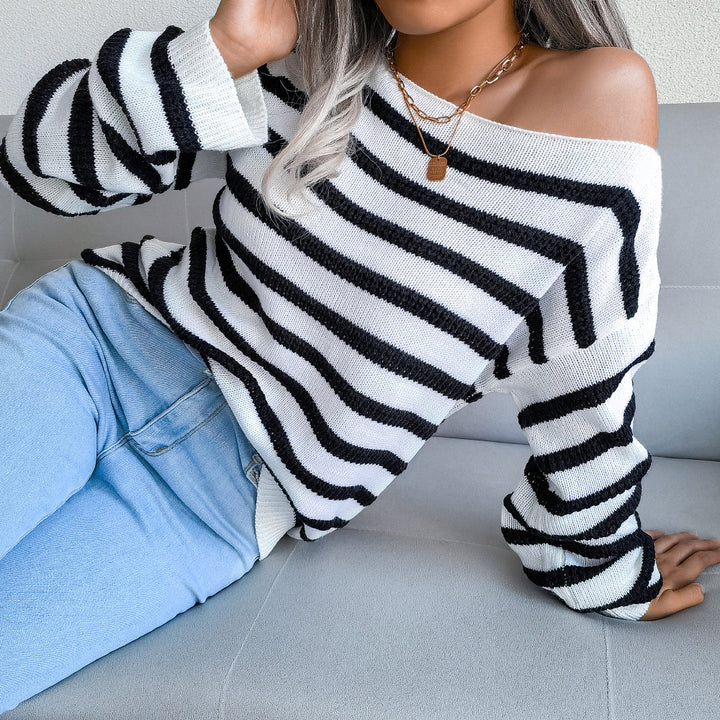 Damen Off-Shoulder Streifenpullover mit lässigem Schnitt Drune