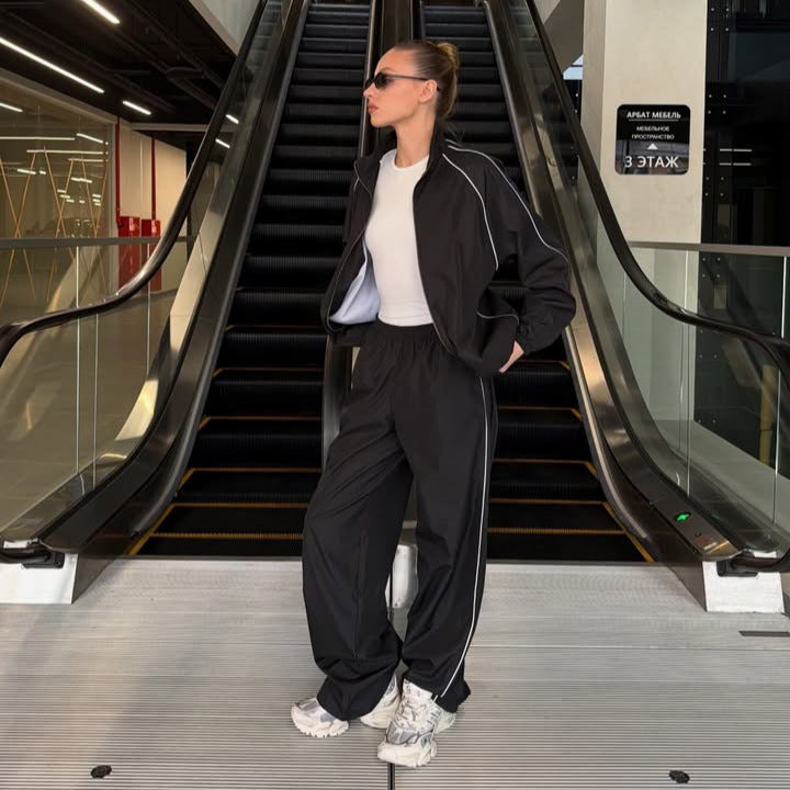 Damen Zweiteiliges Loungewear-Set mit Stehkragen-Zipjacke und weiter Bundfaltenhose Drune