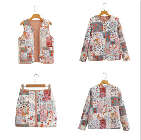 Damen Gesteppte Patchwork-Jacke Weste und Minirock-Set Drune