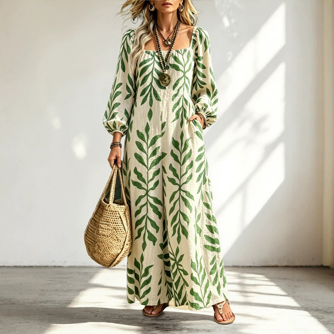 Damen Maxikleid mit quadratischem Ausschnitt, Ballonärmeln und botanischem Print Drune