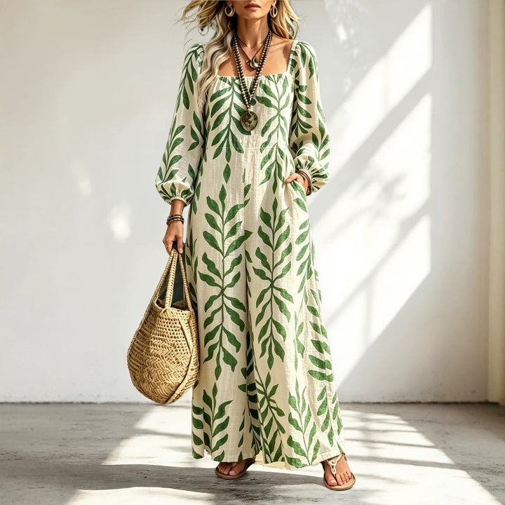 Damen Maxikleid mit quadratischem Ausschnitt, Ballonärmeln und botanischem Print Drune