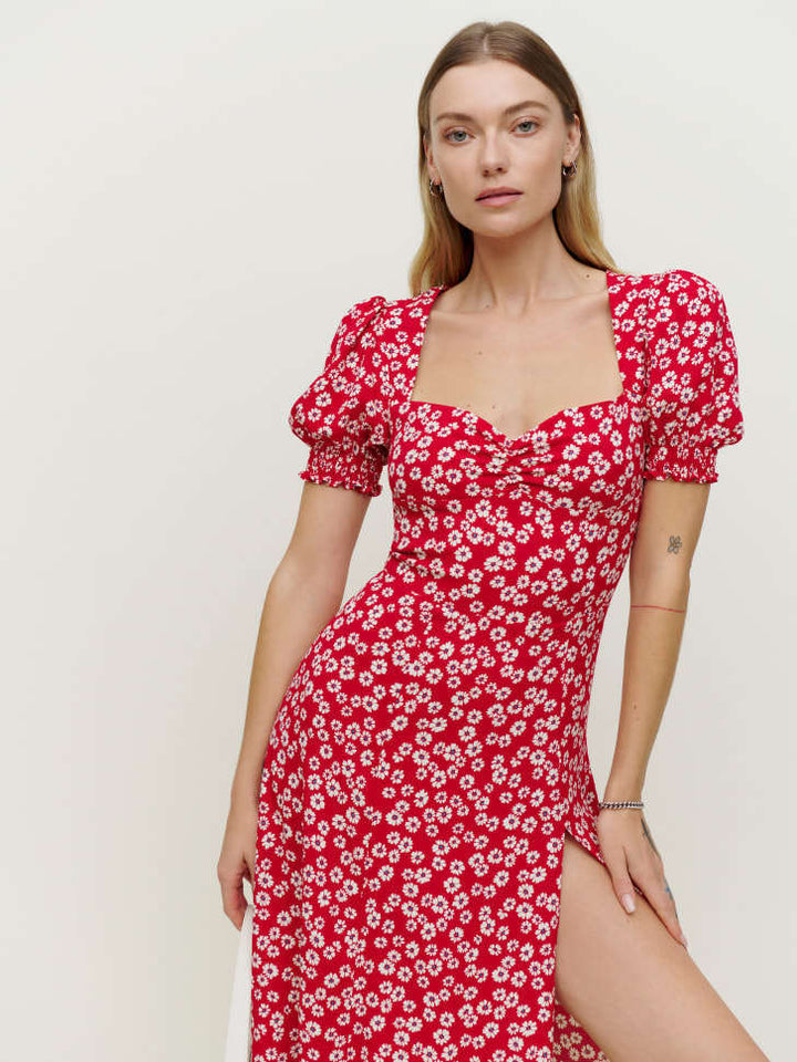 Damen Maxikleid mit Volantärmeln und seitlichem Schlitz Drune