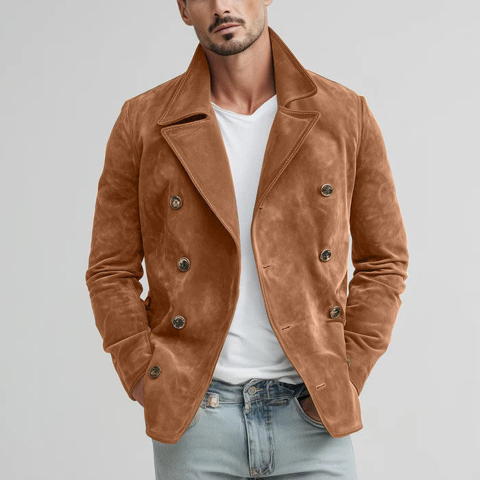 Herren Doppelreihige Velourslederjacke im Kurzmantel-Blouson mit markantem Revers Drune