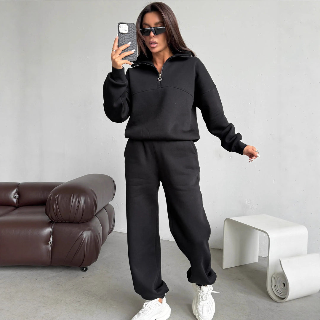 Damen sportlicher Fleece-Jogginganzug mit hohem Kragen und praktischen Reißverschlussdetails Drune