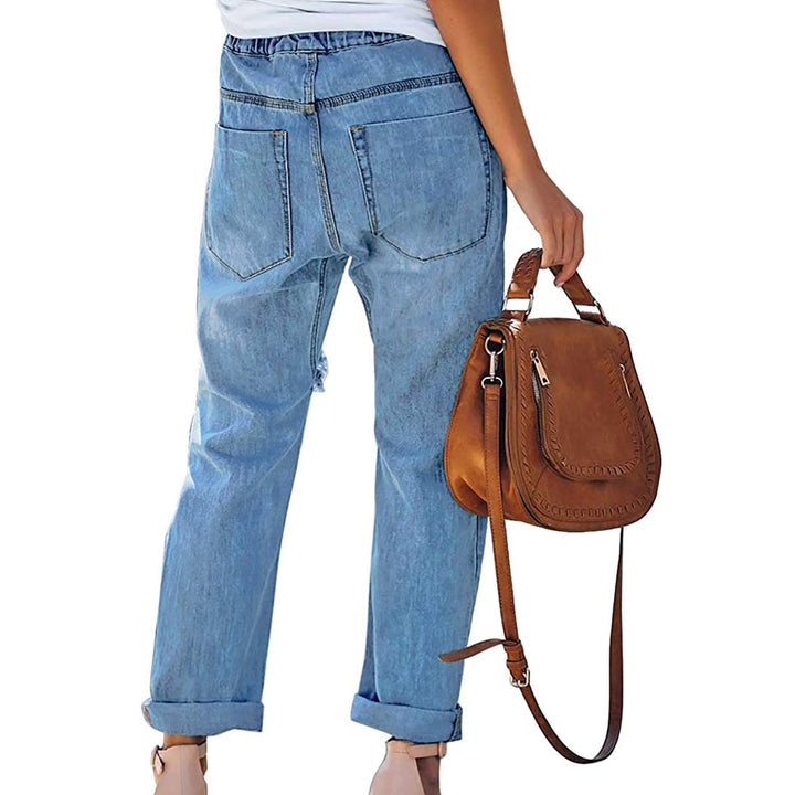 Damen nan lässige Destroyed-Denim-Jogger mit elastischem Kordelbund und aufgesetzten Fronttaschen Drune
