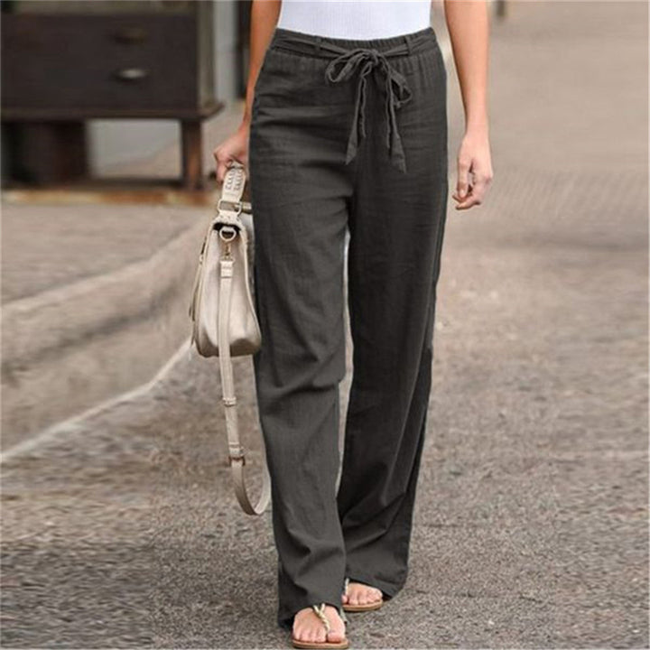 Damen nan weite Leinenhose mit Tunnelzugbund, geradem Bein und Eingrifftaschen Drune