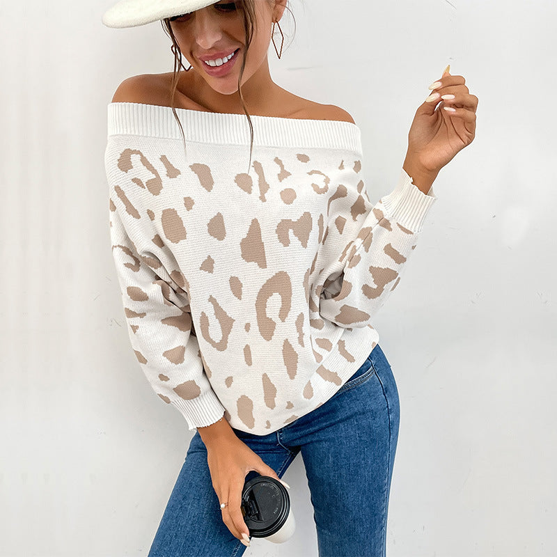Damen Carmenpullover im Leoparden-Jacquard Oversize mit weitem Ausschnitt Drune