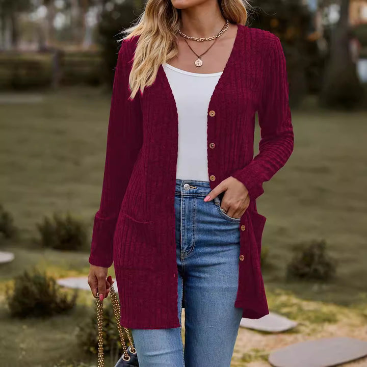Damen nan langer gerippter Strickcardigan mit Eingrifftaschen und Holzknöpfen Drune