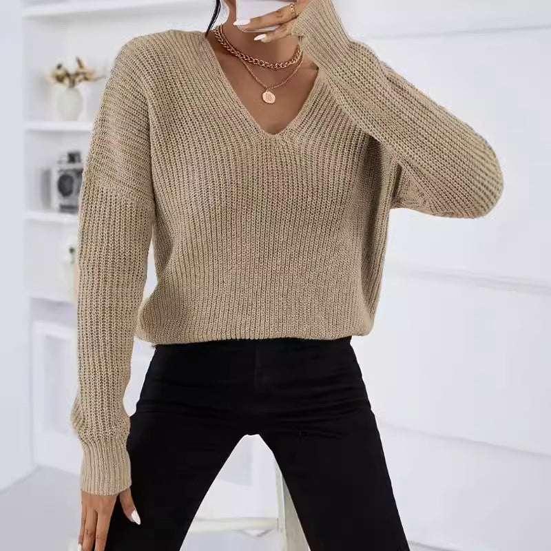 Damen V-Ausschnitt Strickpullover mit breiten Ärmeln und weichem Material Drune