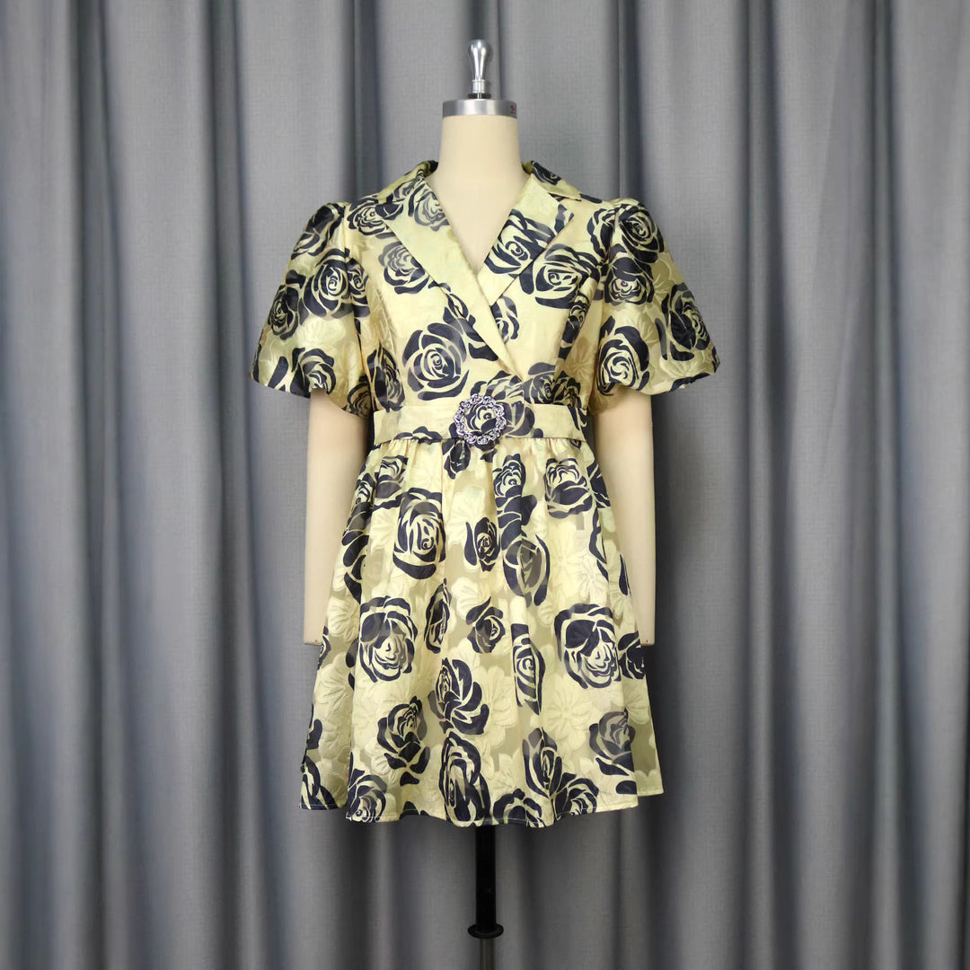 Damen Blumendesign Kurzkleid mit tailliertem Schnitt und auffälligen Puffärmeln Drune
