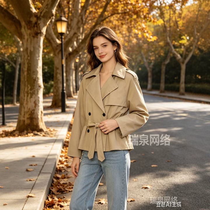 Damen Cropped-Trenchcoat mit Taillengürtel und weitem Ärmel Drune