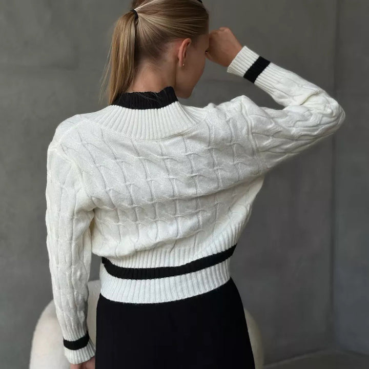 Damen cropped Strickpullover mit V-Ausschnitt und Kontrastdetails Drune