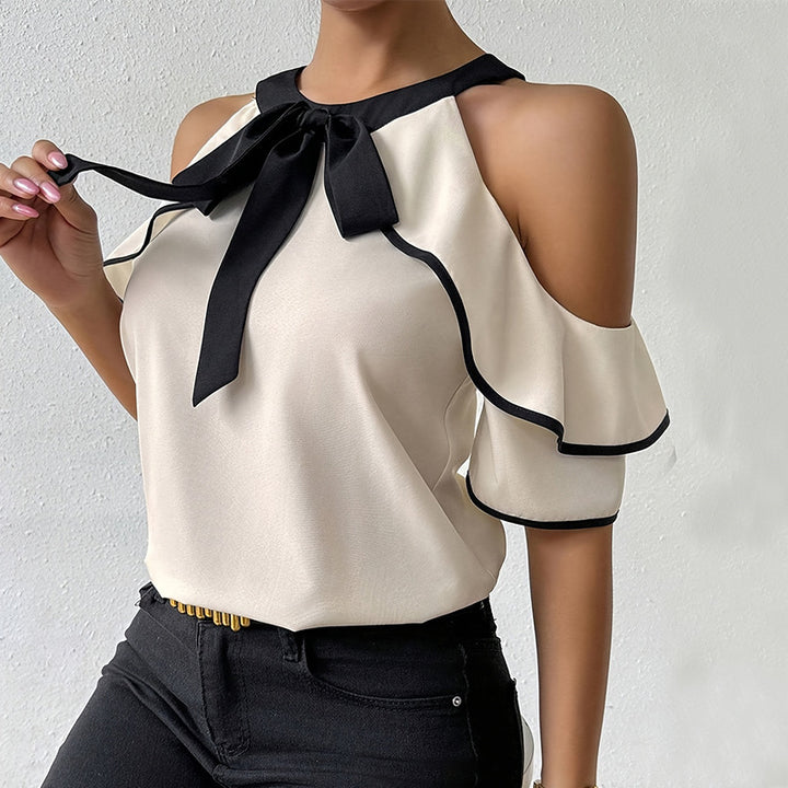 Damen Elegantes Oberteil mit Rüschendetails und Schleifen-Ausschnitt Drune