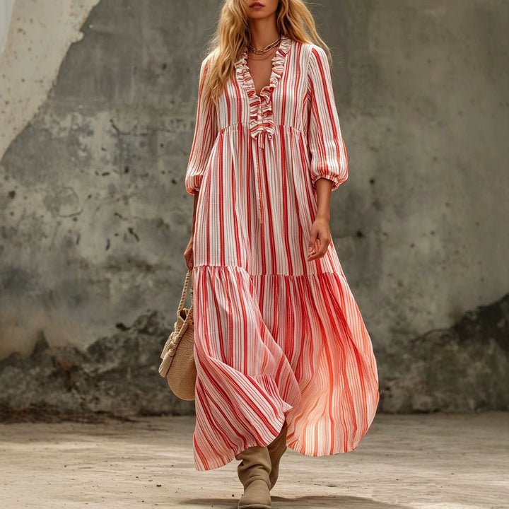 Damen Maxikleid mit Rüschen-V-Ausschnitt und Ballonärmeln Drune