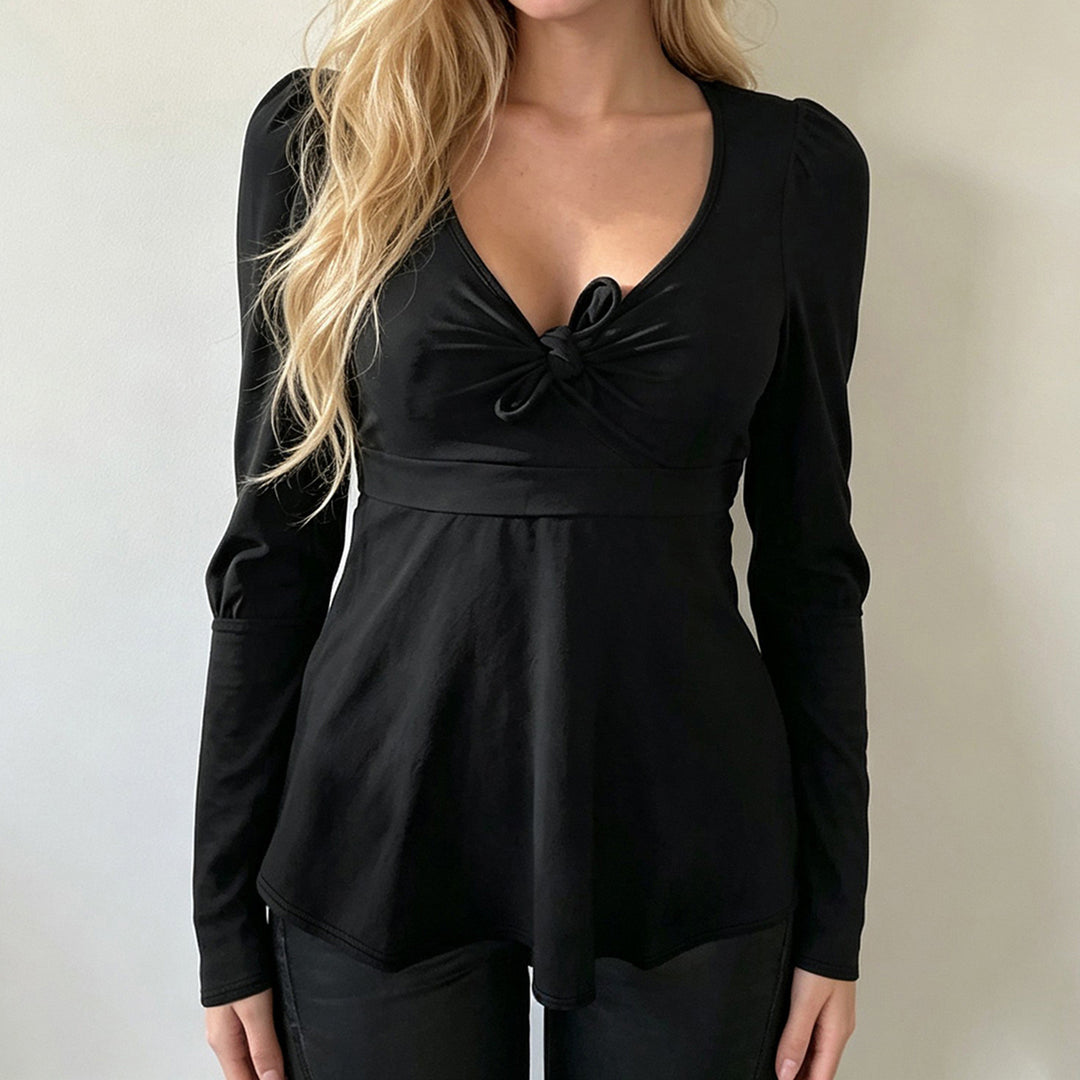Damen Tailliertes Peplum-Top mit V-Ausschnitt, Knotendetail und Puffärmeln Drune