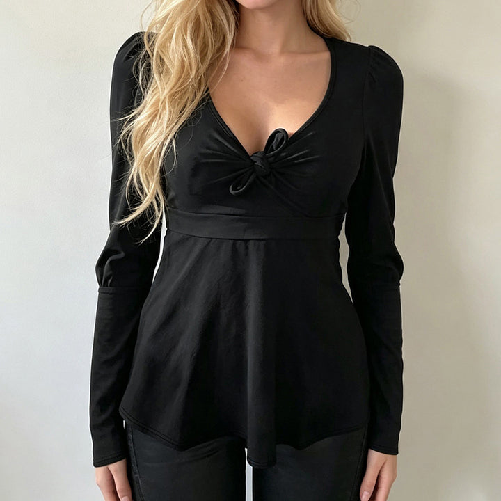 Damen Tailliertes Peplum-Top mit V-Ausschnitt, Knotendetail und Puffärmeln Drune